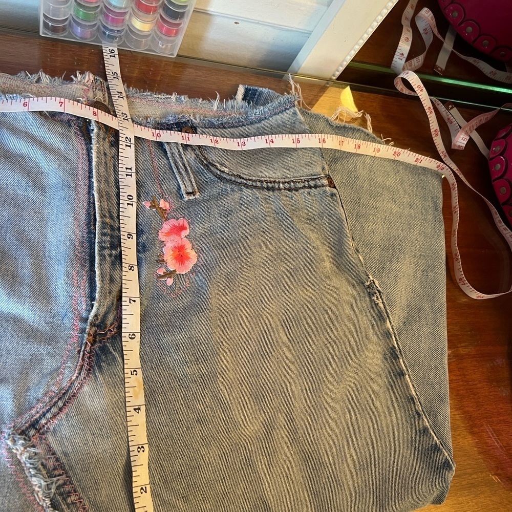 Handmade A-Line Denim Skirt with Cherry Blossom patches and Zipper Closure. - Picture 11 of 14